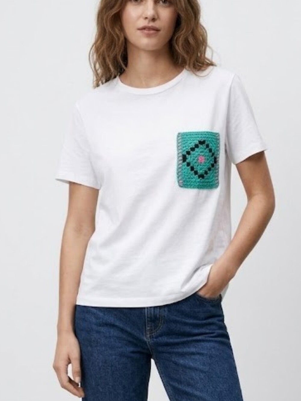 Zara Cotton White Tee Size S Short Sleeves Crochet Pocket Patch Detail